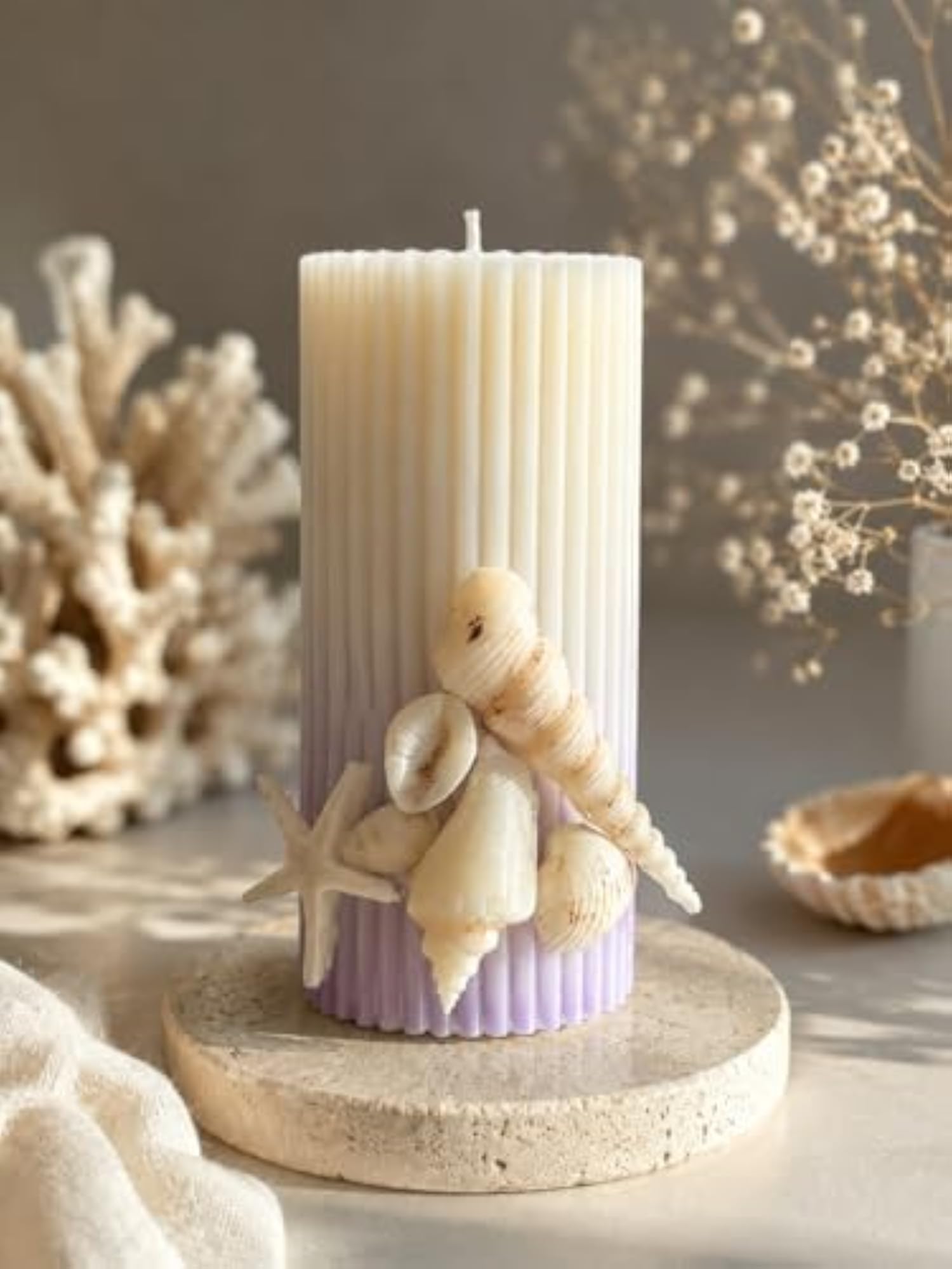 Handmade Ribbed Seashell Soy Wax Pillar Candle, Coastal Decor